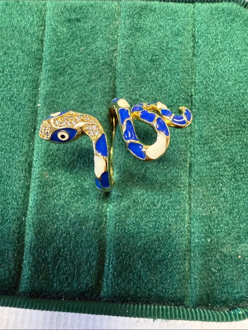 Blue & White Enamel Snake Wrap Ring size 8